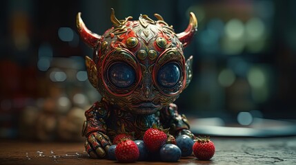 Lucifer psychotic creature made of fruits. Little Lucifer. Fruit monster. Devil. Generative AI