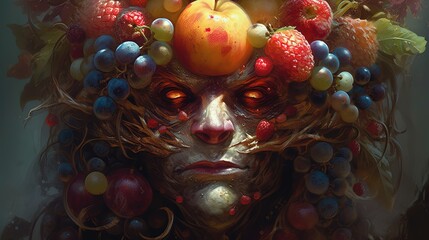 Lucifer psychotic creature made of fruits. Face of Lucifer. Fruit monster. Devil. Generative AI