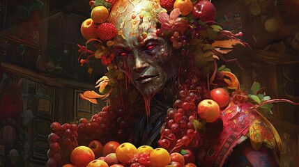 Lucifer psychotic creature made of fruits. Lucifer. Fruit monster. Devil. Generative AI