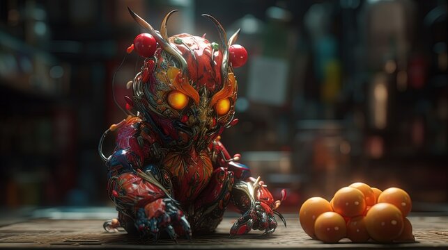 Lucifer Psychotic Creature Made Of Fruits. Little Lucifer. Fruit Monster. Devil. Generative AI