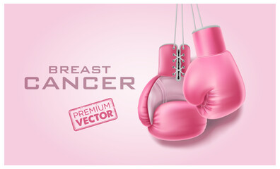 Breast cancer lettering awareness poster with pink boxing gloves. Woman health support symbol. female hope and struggle concept. Vector illustration on pink