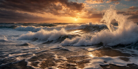 Fototapeta premium A sunset over the ocean with big waves crashing on the shore. Seascape illustration with cloudy sky and setting sun. Generative AI