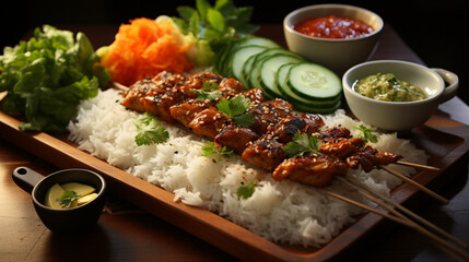 Delicious Chicken Satay with Peanut Sauce, Rice, and Salad