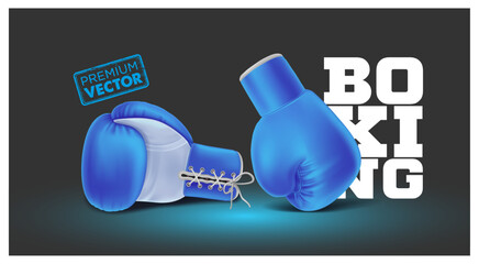 Hanging Blue boxing gloves. Realistic red double fist vector boxer for punch training 3d vector - obrazy, fototapety, plakaty
