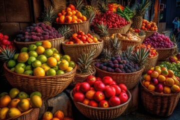 Naklejka na ściany i meble Fruit market displays juicy colors: pineapples, oranges, purple grapes, strawberries and apples., generative IA