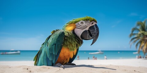 Parrot Gazing into the Image in Front of a Beautiful Beach with Gentle Shore, Palm Leaf, and Blue Sky, Immersed in Sun-Soaked Colors and Light Turquoise, Creating an Exotic Tropical Escape