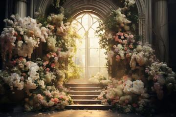 Fototapeta na wymiar Heaven's Gate, A Glimpse of Paradise Amidst Blooms and Foliage
