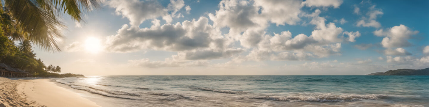 Ocean coast panorama in calm weather with small waves, blue sky, white clouds and bright sun. Seascape illustration. Generative AI