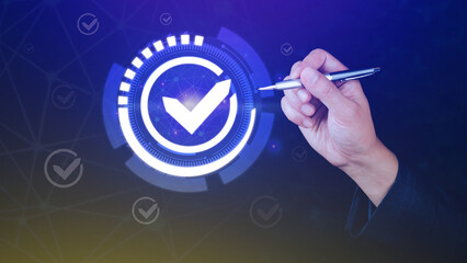 Quality Assurance Control Standards, Hand shows the sign of the top service Quality assurance, Guarantee, Standards, ISO certification and standardization concept.