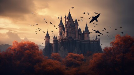 Scary halloween castle - dark spooky place, with coffins and many bats, beautiful view, fog, AI Generative