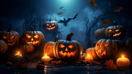 Obraz premium Halloween holiday, many pumpkins, cauldron, bats, space for text, super realistic photo, 8K Generative AI
