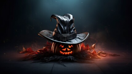 Glowing pumpkin with a Halloween hat, scary look, with a dark black background, Generative AI