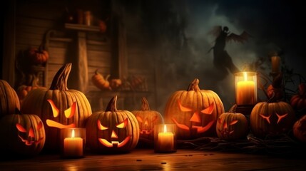 Halloween holiday, many pumpkins, cauldron, bats, space for text, super realistic photo, 8K Generative AI