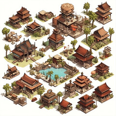 isometric chinese buildings game asset