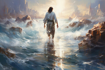 Walking on the Waves, Abstract Oil Painting of Jesus Christ Embracing the Sea