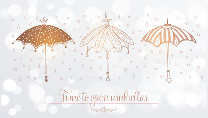 Design template with vintage doodle umbrellas on white glowing background with place for your text. Vector sketch illustration. © elinacious