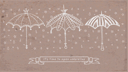 Design template with vintage doodle umbrellas on brown parcel paper background with place for your text. Vector sketch illustration. © elinacious
