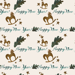 Watercolor seamless patern with gold rocking horse. New Year wrapping paper. Children's toy. A Christmas gift. Raster illustration for packaging, greeting cards, gifts, posters in the children's room.