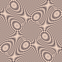 Vector seamless pattern with optical illusion effect. Simple abstract background, distorted checkered grid. Op art. Warp surface. Retro vintage 1960's - 1970's style. Brown and beige color design