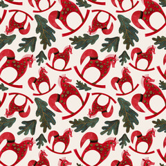 Watercolor seamless patern with rocking horse and pine's branches. Christmas wrapping paper. Children's toy. A Christmas gift. Raster illustration for packaging, greeting cards, gifts