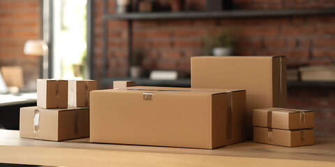 mall brown cardboard delivery box, defocused store background