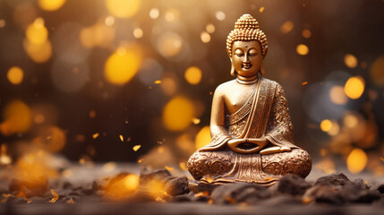 Golden Serenity, Buddha Statue on Golden Background with Blurred Stardust