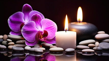Obraz na płótnie Canvas Composition of orchid, pebbles and candle on dark background, Generative AI