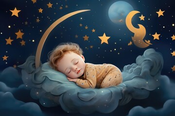 Obraz na płótnie Canvas kids 3d illustration with moon and sleeping baby. Beautiful poster for baby room or bedroom. Childish greeting card