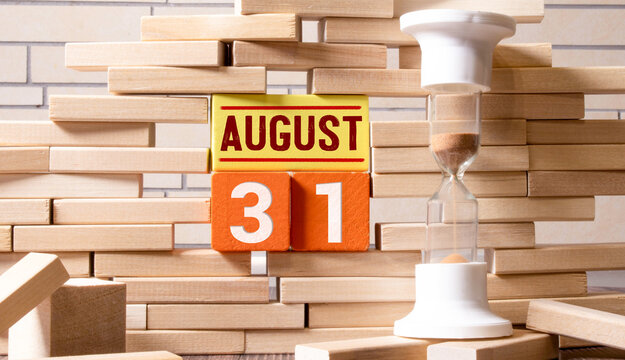 August 31st. Image of august 31, calendar on yellow background with empty space for text. Summer time end.