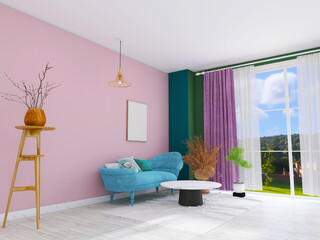 Living room interior design with sofa 3d render, 3d illustration