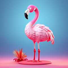 Realistic cartoon flamingo in 3d style. Pink tropical exotic bird standing. Holiday travel vacation beach pool party elegant element. Summer paradise poster design illustration, blue background. High