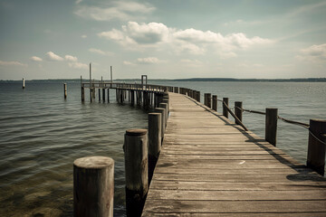 Obraz premium Serenity by the Shore: Captivating Sunset View of a Rustic Wooden Pier Embracing the Ocean, ai generative