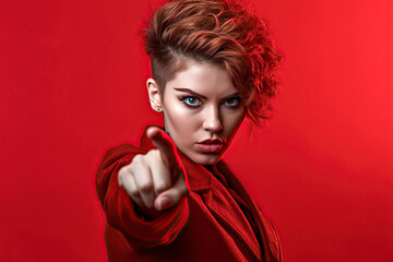 Intense Scarlet Outburst: Fiery Woman with Red Hair and Jacket Signaling Frustration, ai generative - obrazy, fototapety, plakaty