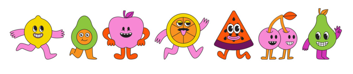 Vector illustration in simple linear style - design templates and stickers - hippie, happy and groovy smiley characters, funny fruits