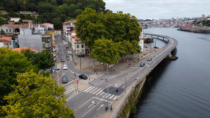 Aerial flight over the historic city of Porto and the Douro river. Portugal, 2023