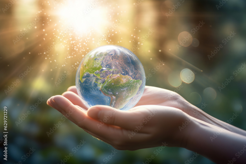 Aufkleber small globe in a hand, with the sun setting in the background. vulnerability of our planet and the n