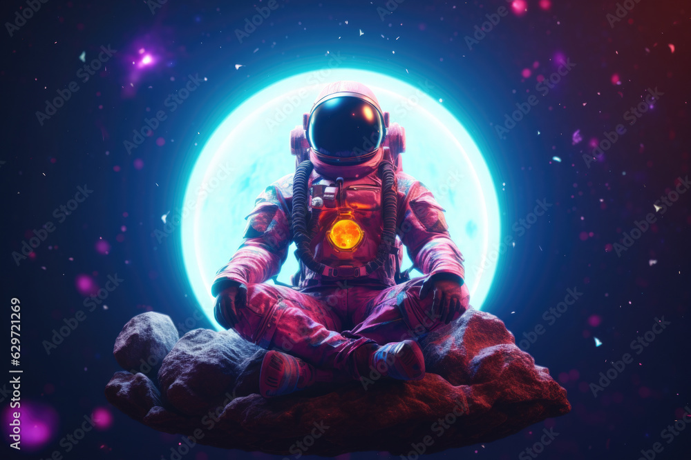 Poster astronaut meditating with a galaxy in the background. symbolize the fusion of outer space and inner 