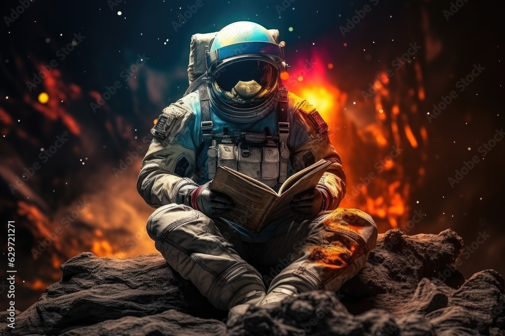 Poster astronaut meditating with a galaxy in the background. symbolize the fusion of outer space and inner 