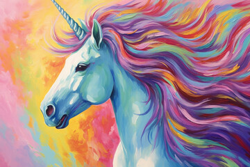 artistic painting of a unicorn with a colorful mane, dyed in bright hues. diverse styles and directions