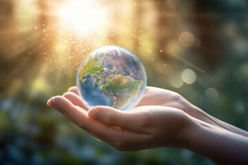 small globe in a hand, with the sun setting in the background. vulnerability of our planet and the need to take care of it
