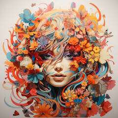 girl with an edgy hairstyle surrounded by colorful flowers in an abstract setting. fantasy, dreamy mood, and creating imaginary worlds.