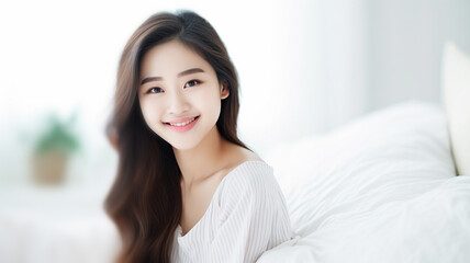 young adult woman with brunette hair dyed light brown, sitting on bed, wearing white nightgown, expectant hopeful or confident expression on face, very white light skin tone, window with daylight