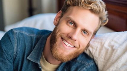 adult man 30s with light brown hair and beard lies with clothes on the bed, on the pillow, wears denim jacket, smiles happy and satisfied, sunshine, indoor