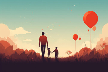 father man and child walk through sunset background