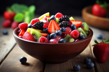 fresh mixed berries and fruit salad in bowl on top of wooden table