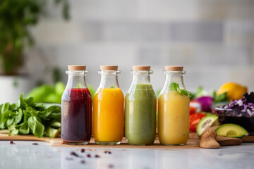 several bottles of healthy natural salad dressings on tray on table