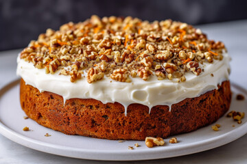carrot cake adorned with carrot buttercream and sprinkled with crunchy walnuts rich cream cheese icing complements