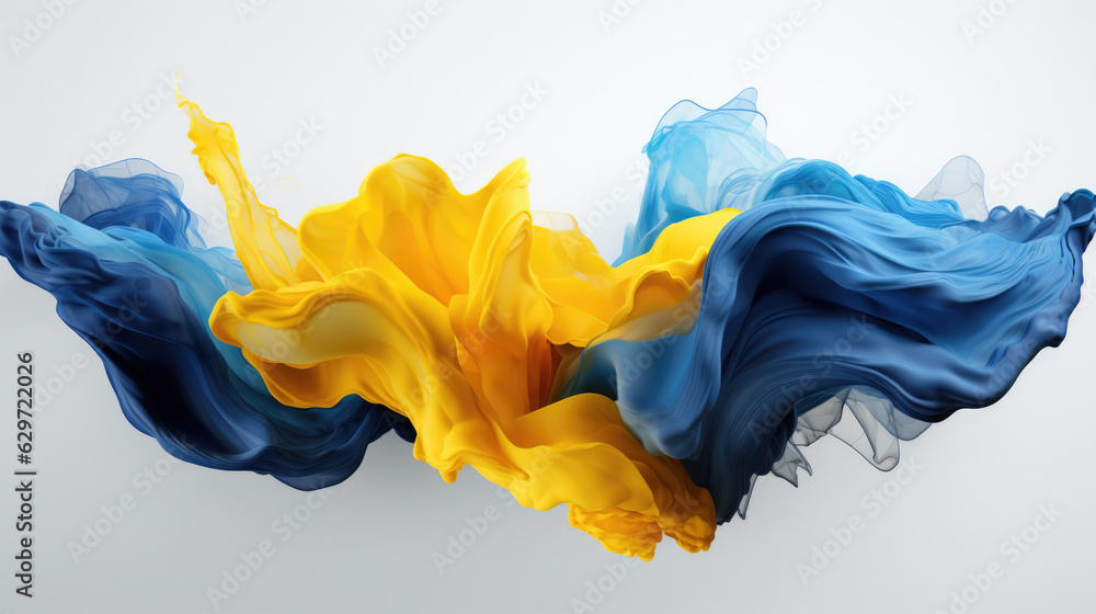 Poster vibrant and dynamic free-flowing smoke with yellow and blue tones against white background. smoke ap