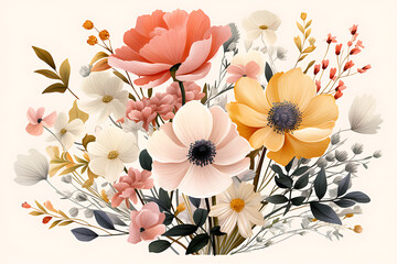 Really cute wild flower bouquet, with soft Colors, minimal, minimalistic, flat design.
