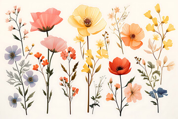 Floral set Composition with Soft Colors and Wild Flower Motifs, minimal, minimalistic, flat design.
